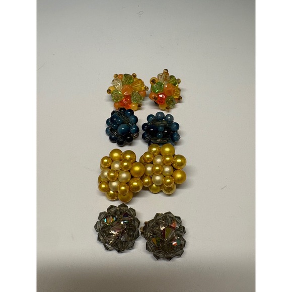 Jewelry - Vintage Clip On Earring Lot 4 Pairs Cluster Beaded Pearl Crystal Mid Century MCM